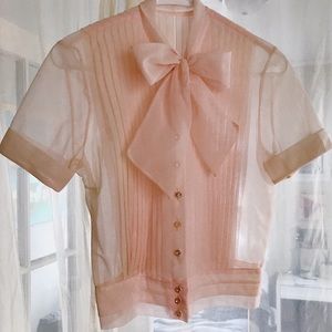 Vintage Powder Pink Sheer Pleated Bow Top